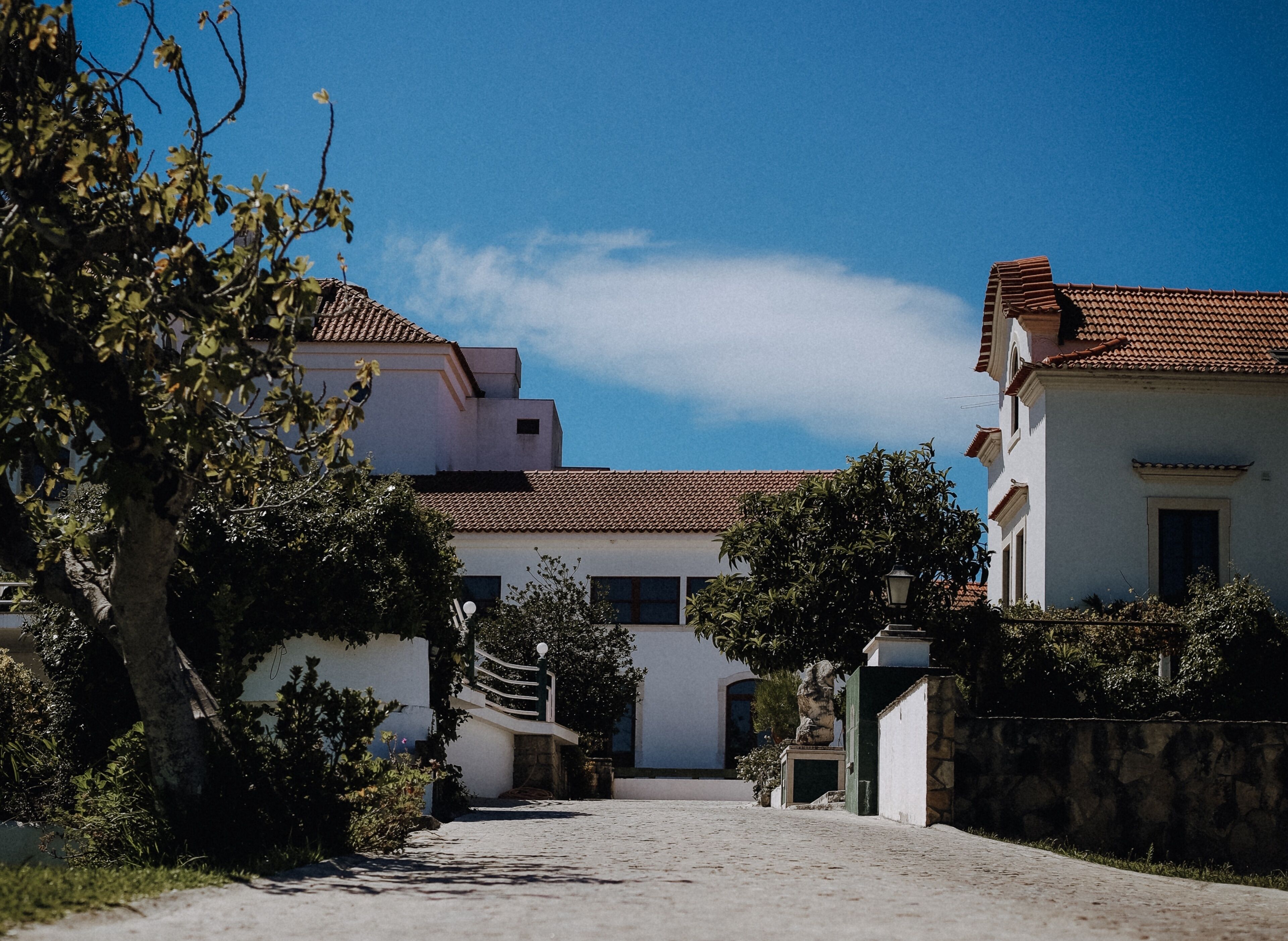 A quiet street with traditional buildings, a clear sky, and a stone wall.