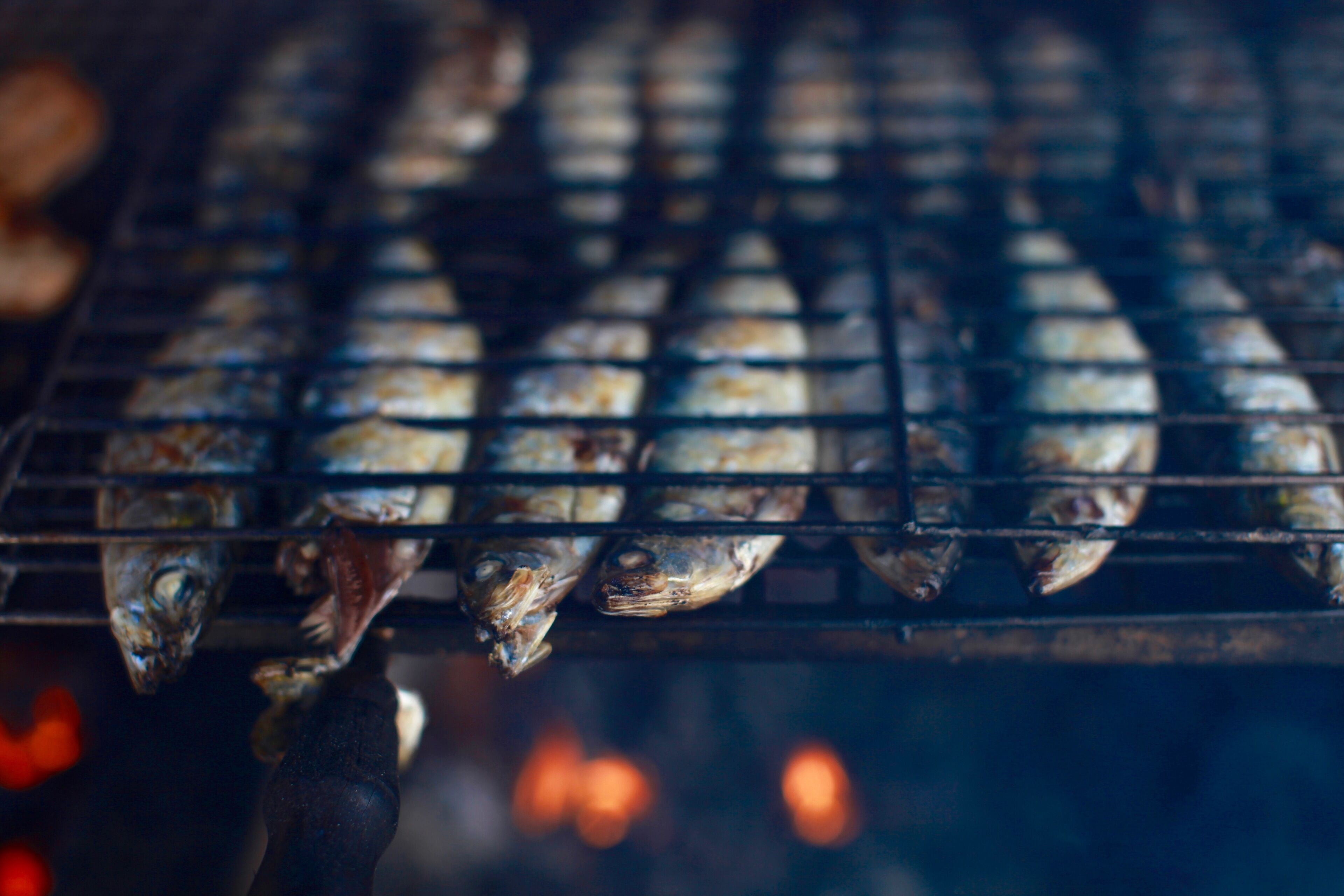 Una parrilla con varios pescados cocinándose.