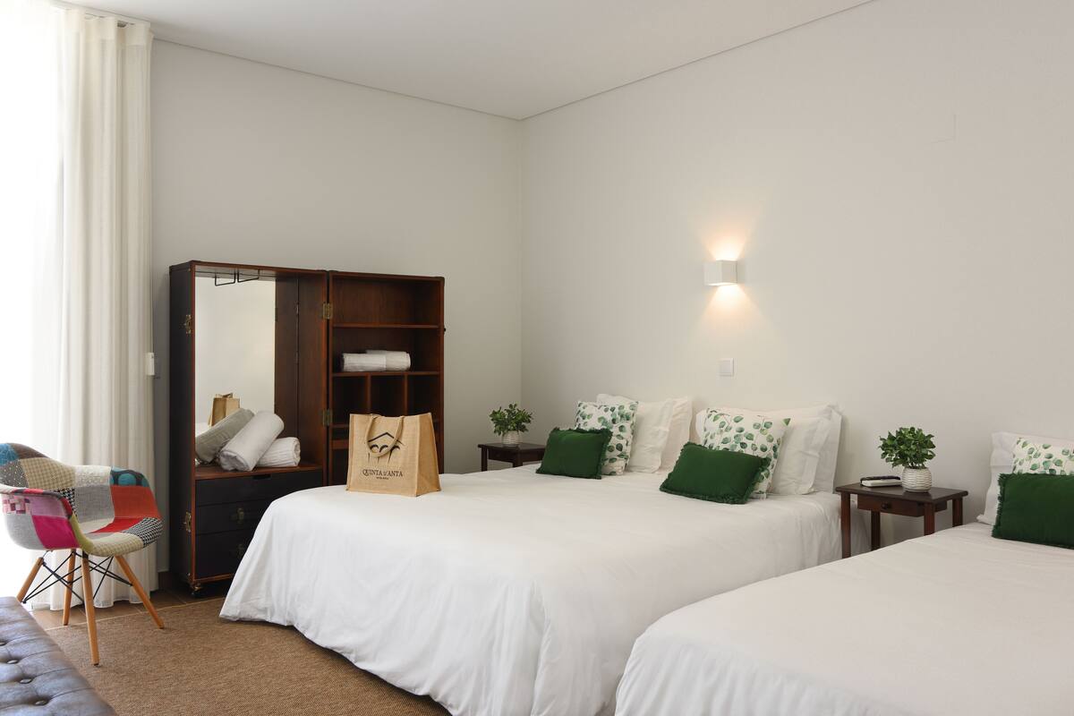 A hotel room with two beds, a wardrobe, a chair, and a bedside table with a plant.