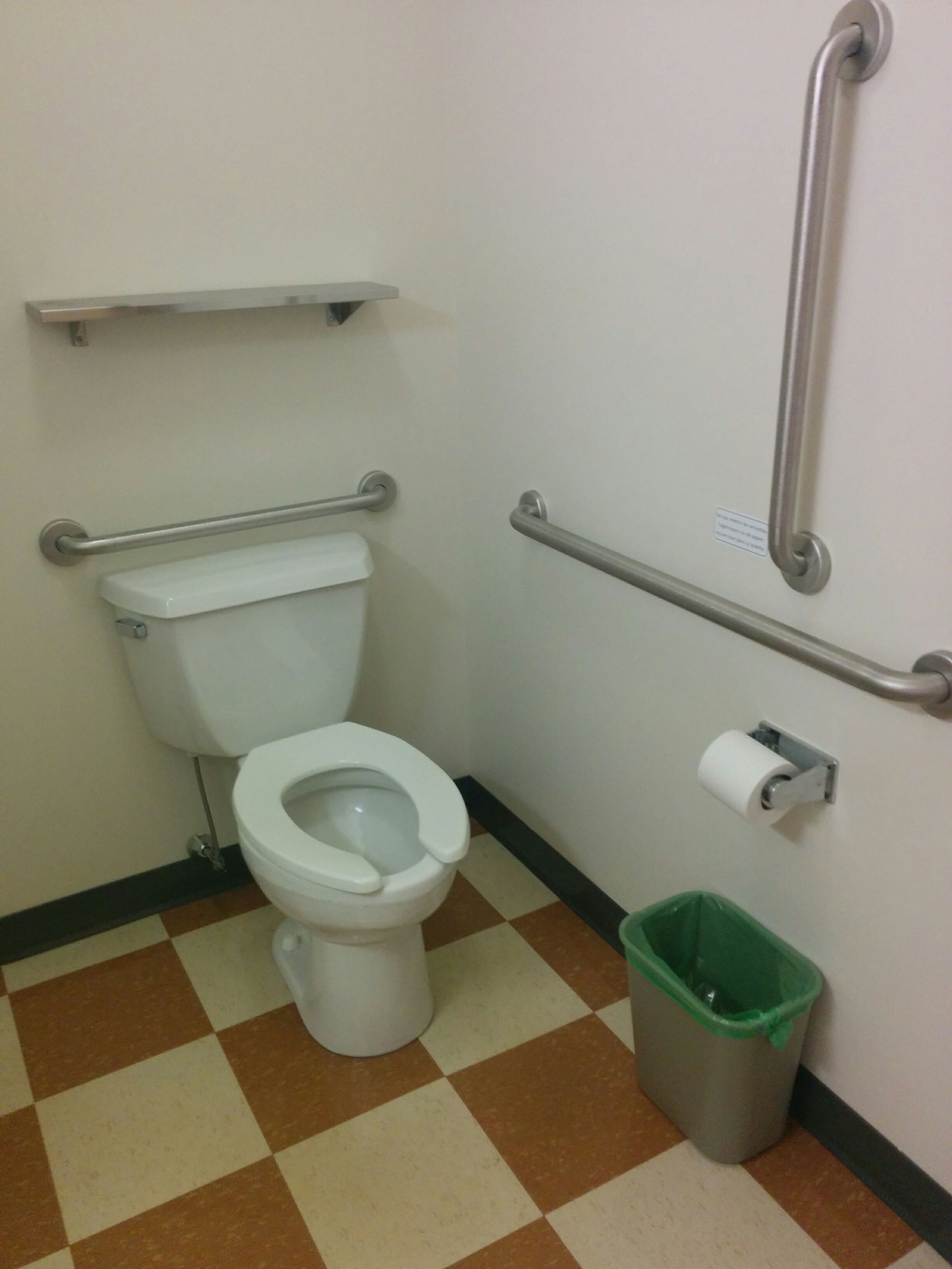 A standard bathroom with a toilet, grab bars, a trash bin, and a toilet paper holder.