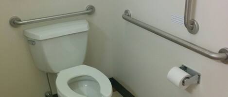 A standard bathroom with a toilet, grab bars, a trash bin, and a toilet paper holder.