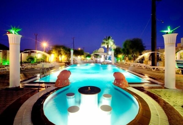 Outdoor pool, pool umbrellas, pool loungers