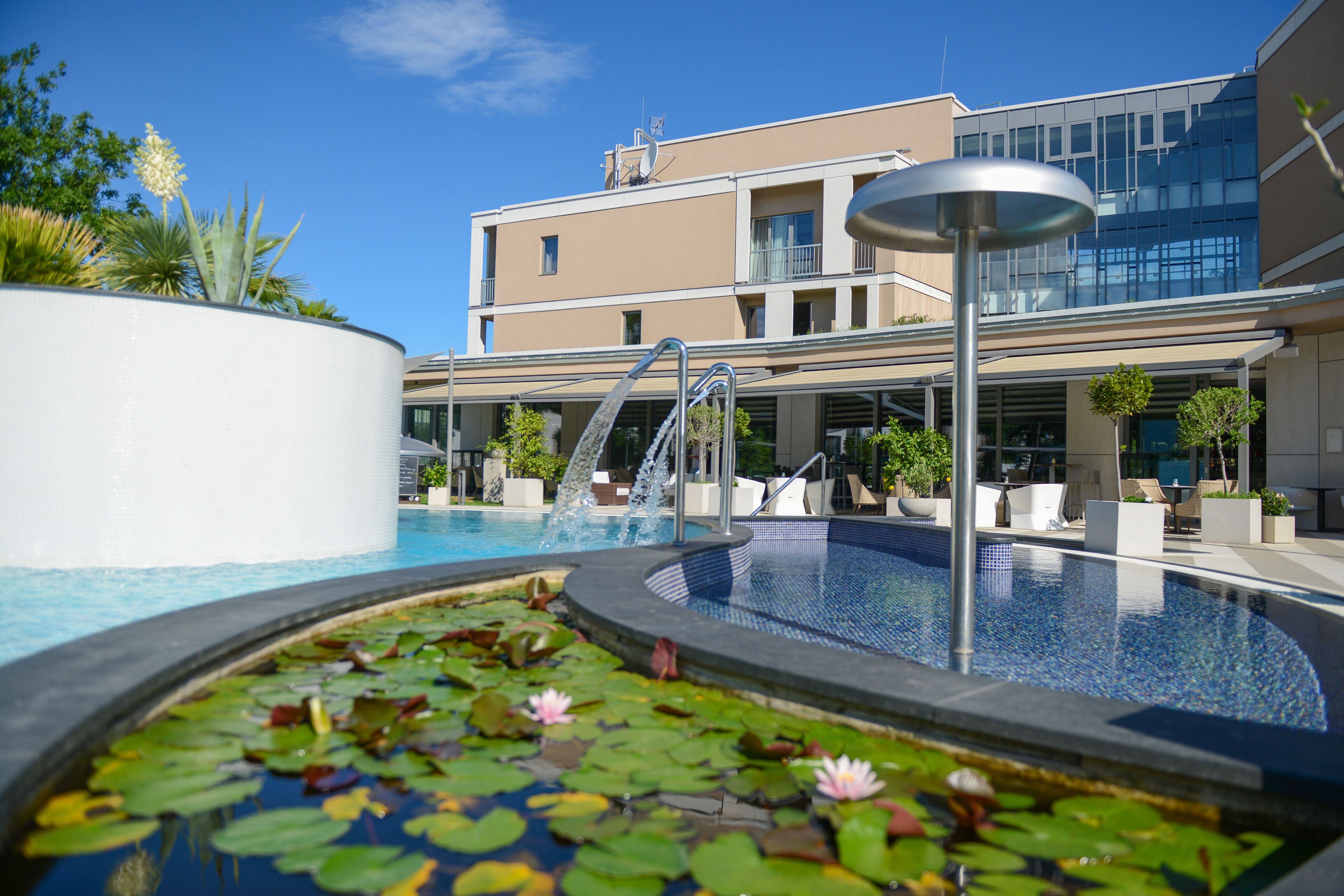 A modern hotel with a swimming pool, a water feature with lily pads, and a clear blue sky.
