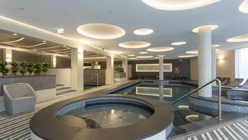 2 indoor pools, seasonal outdoor pool, pool loungers