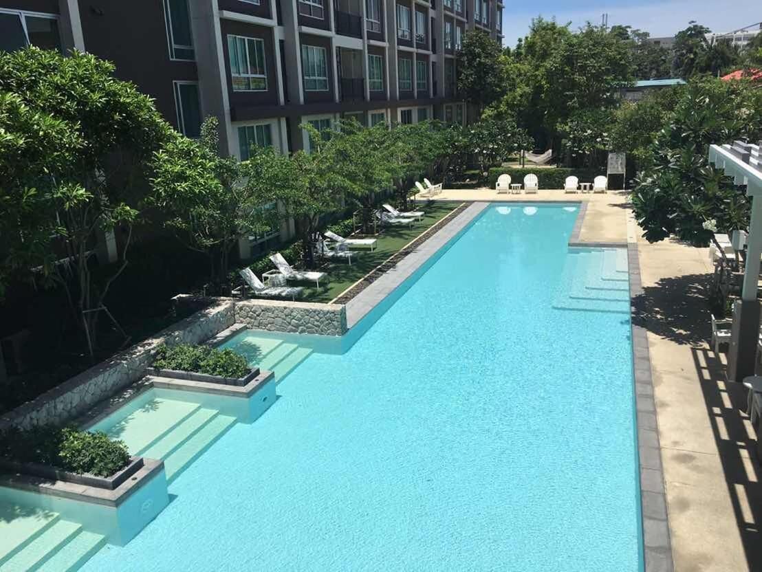 Ein Swimmingpool mit Liegestühlen und viel Grün, umgeben von einem mehrstöckigen Gebäude.