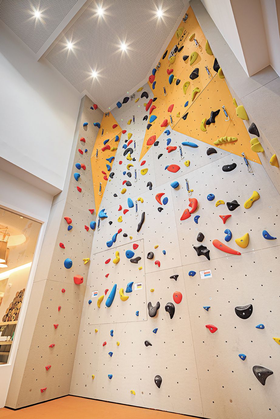Un mur d’escalade doté de différentes prises et d’un plafond pourvu d’un éclairage encastré.