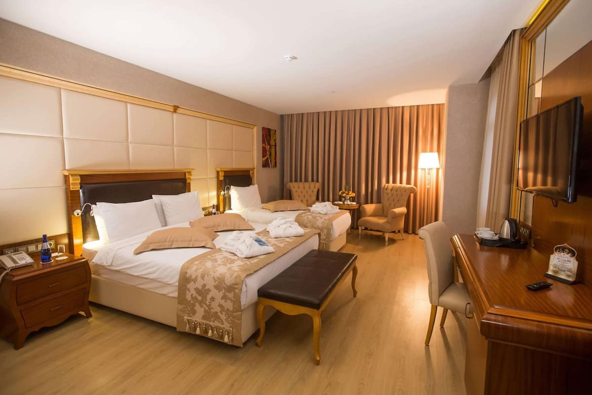 A hotel room with a large bed, two bedside tables, a desk with a chair, a TV, and a window with curtains.