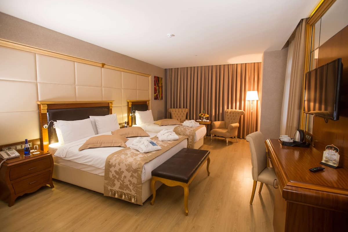 A hotel room with a large bed, a desk, a chair, and a television.