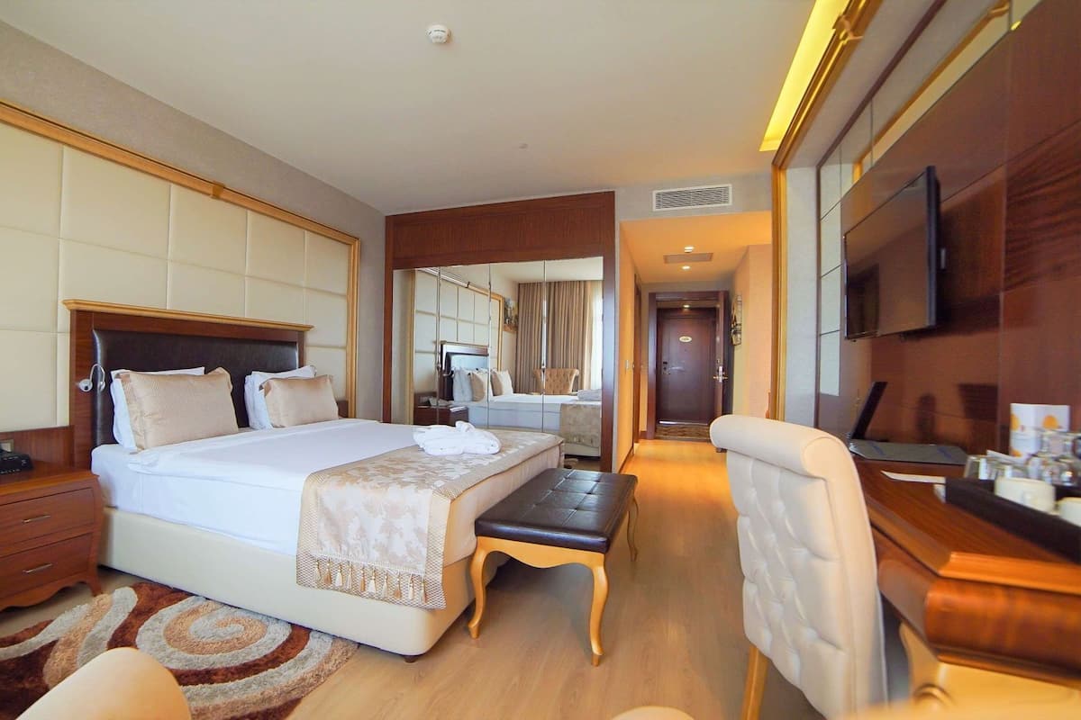 A hotel room with a large bed, a desk, a chair, a TV, and a mirror.