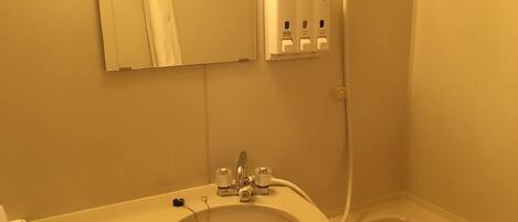 A bathroom with a white sink, a mirror, and a shower.