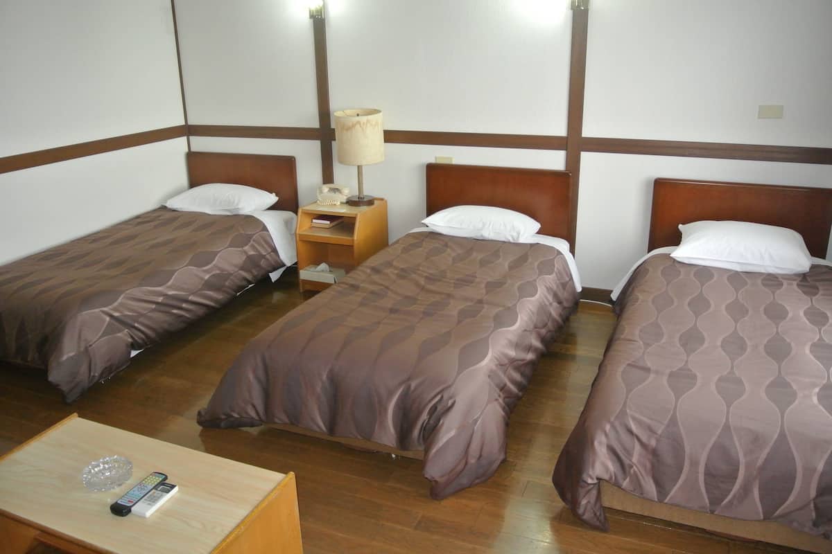 Hotelkamer met drie eenpersoonsbedden, elk met een bruin beddegoed met patroon en witte kussens. Tussen de bedden staat een houten nachtkastje met een lamp en telefoon. Op de voorgrond staat een houten tafel met een glazen schaal en twee afstandsbedieningen.