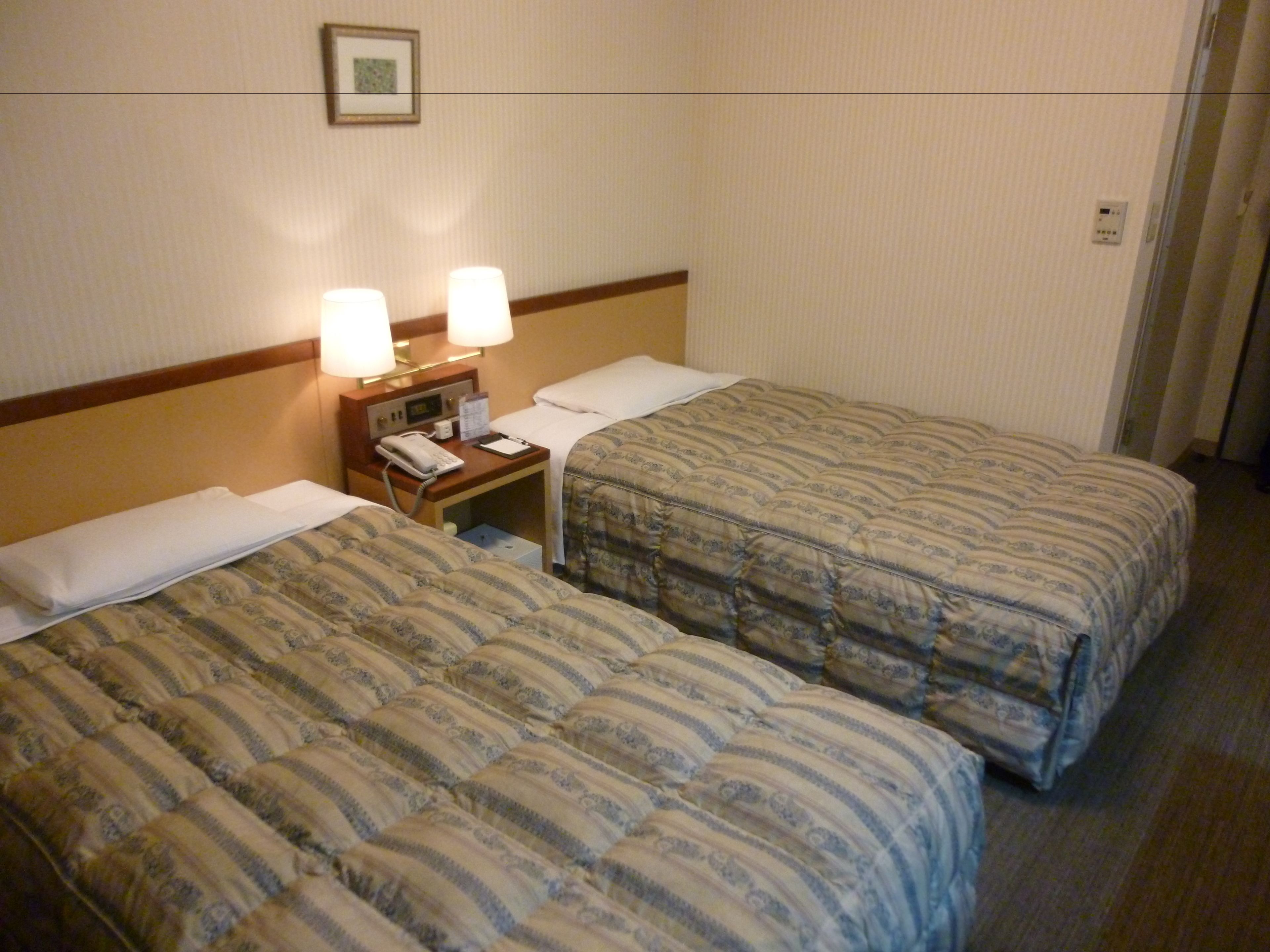 A hotel room with two beds, each with a patterned bedspread, a bedside table with a lamp, and a phone.