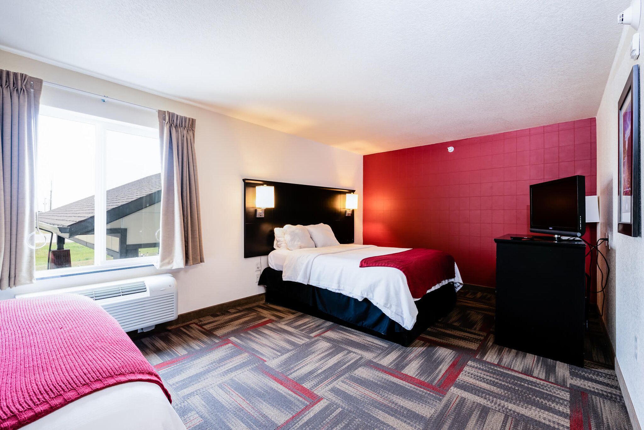 desk, laptop workspace, blackout curtains, free wifi