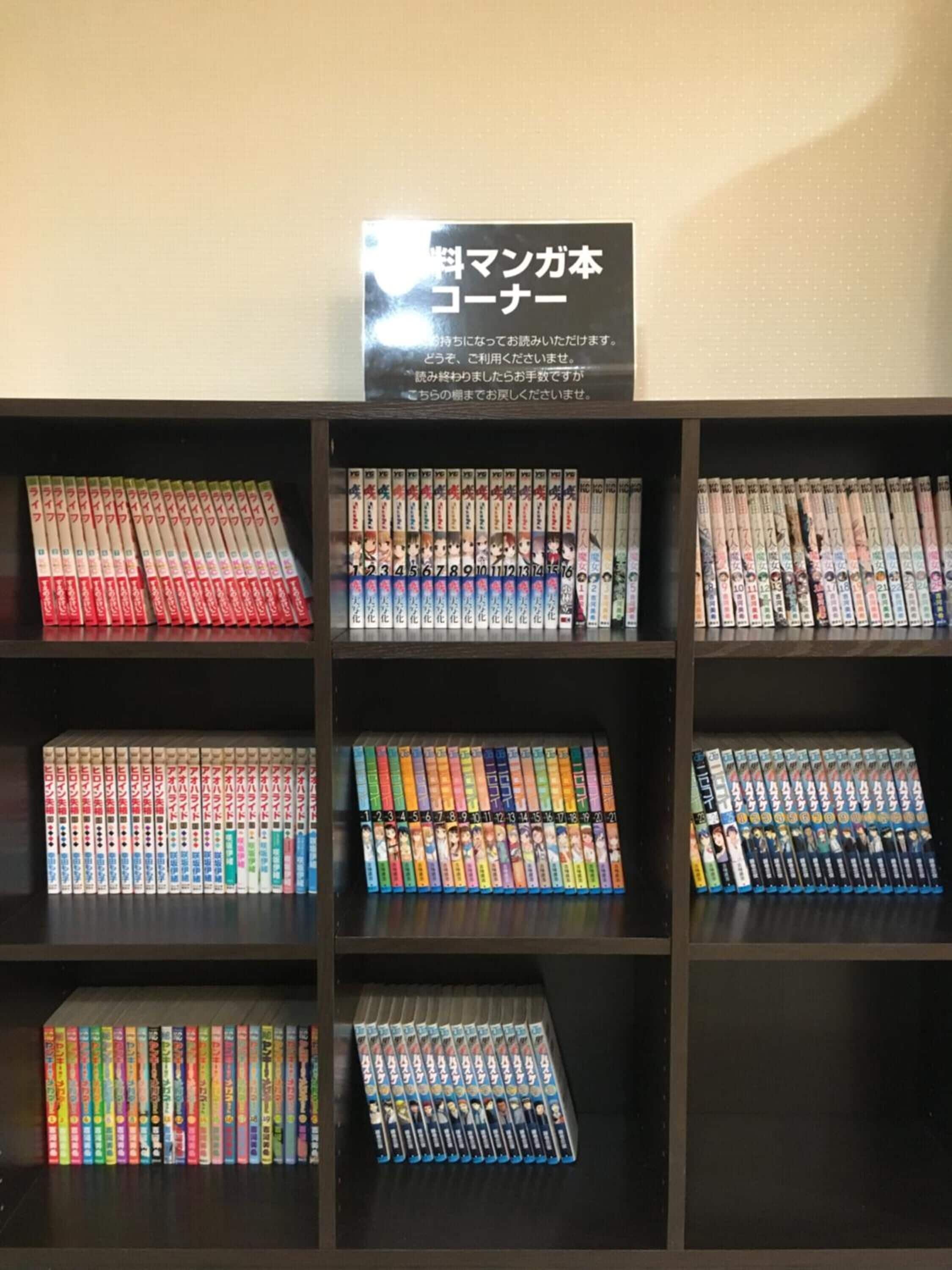 A bookshelf with manga volumes organized by series and color-coded.