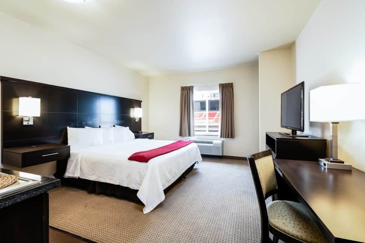 A hotel room with a bed, a desk, a chair, a TV, and a window with curtains.
