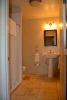 Shower, free toiletries, hair dryer, towels