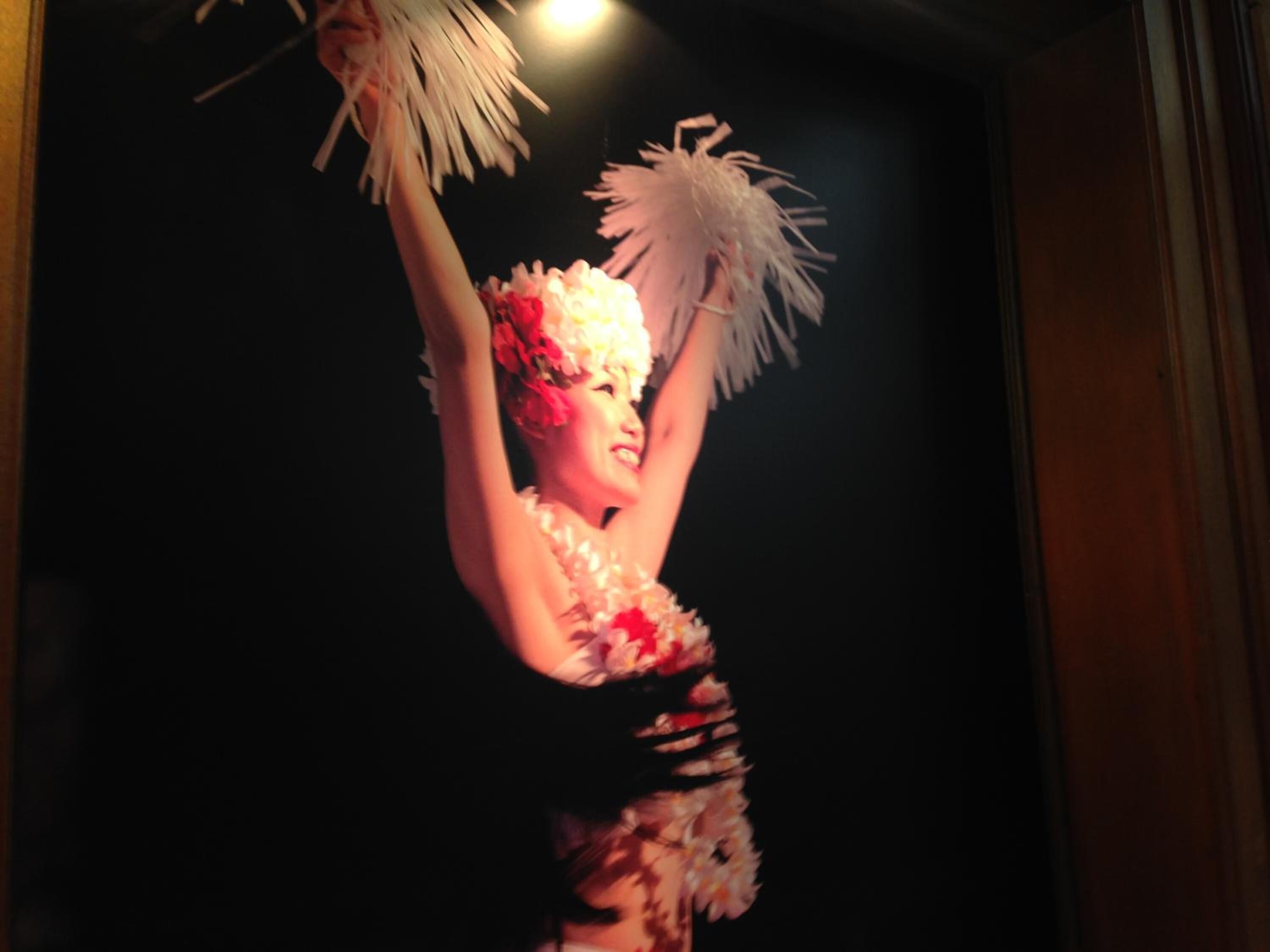 A person in a floral costume holding a white feathered object.