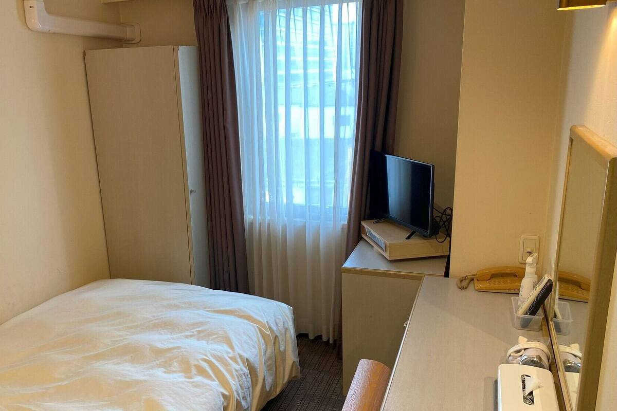 Una habitación de hotel con una cama, un escritorio con televisor, un espejo y un teléfono.