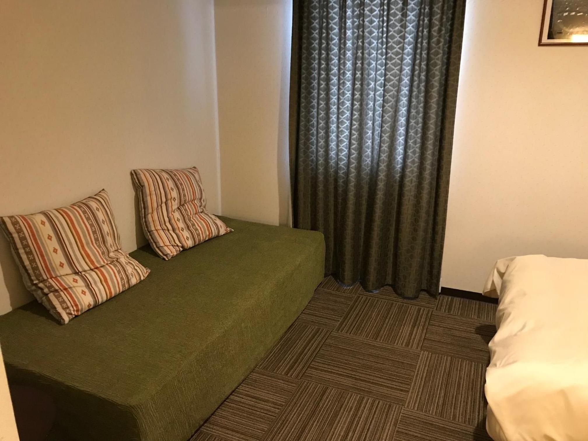 A hotel room with a bed, a sofa, two pillows, a patterned curtain, and a carpeted floor.