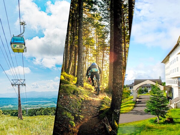 A mountain view with a cable car, a forest trail, and a building with a covered walkway. - Palcall Tsumagoi Resort (Tsumagoi)