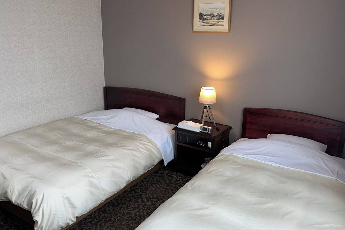 Una habitación de hotel con dos camas individuales, una mesita de noche con lámpara, y un cuadro en la pared.