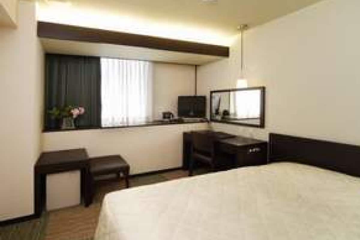 A hotel room with a bed, a desk, a chair, a small table, a TV, and a window with curtains.