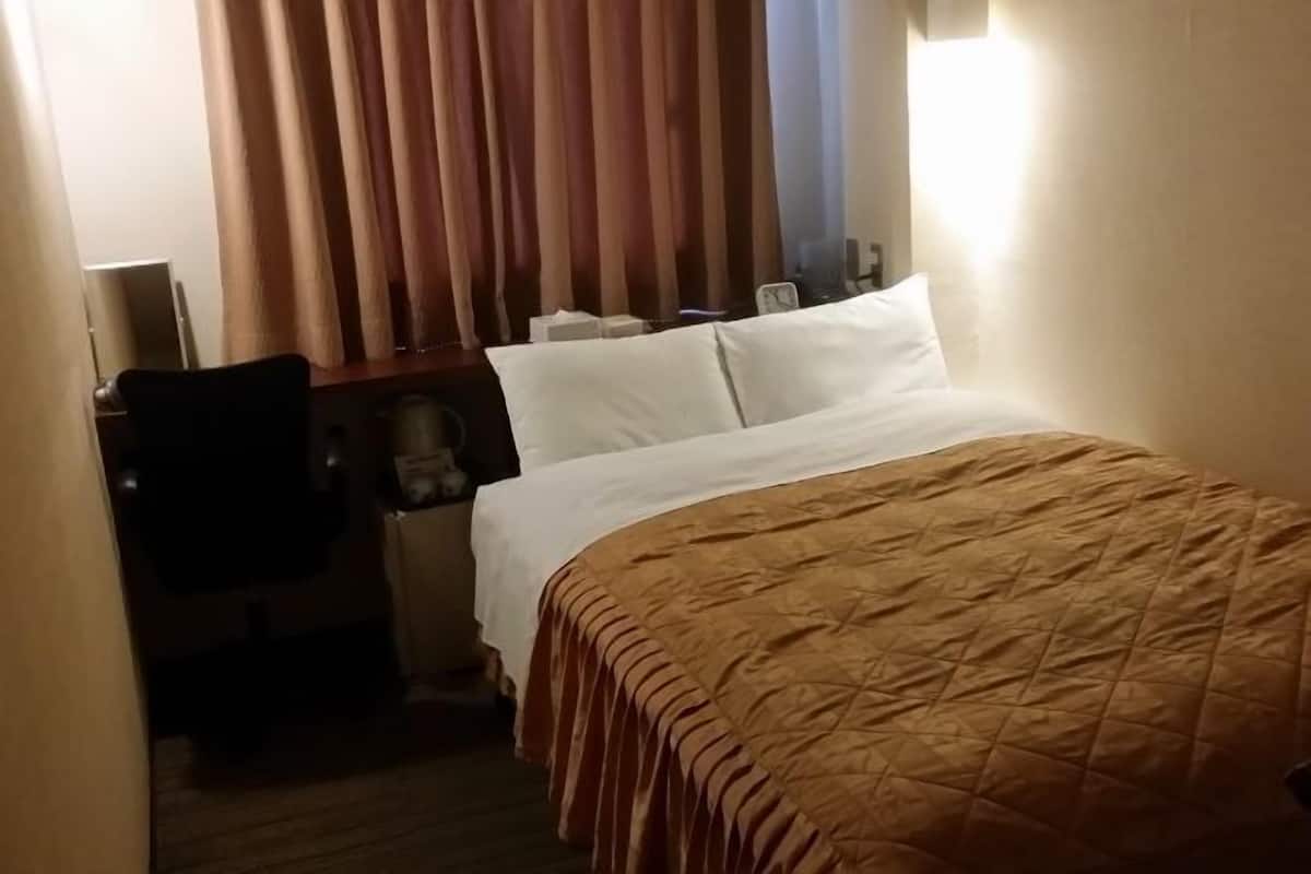 A hotel room with a bed, a desk, a chair, and a window with curtains.