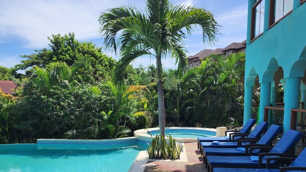 Una piscina con bordes de azulejos azules, rodeada de palmeras y sillas de descanso.