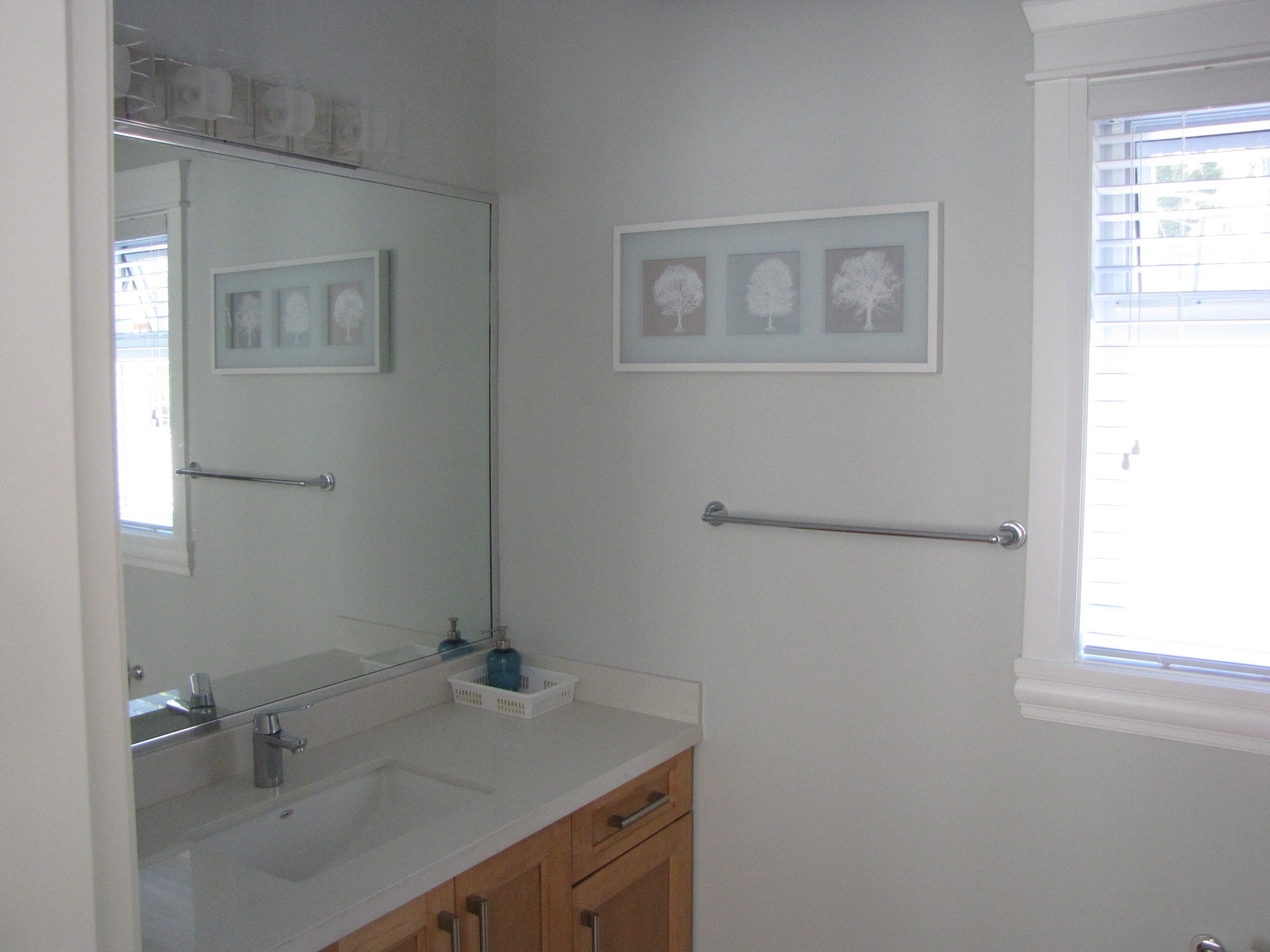 Un bagno con un lavandino bianco, uno specchio, un porta asciugamani e quadri appesi al muro.