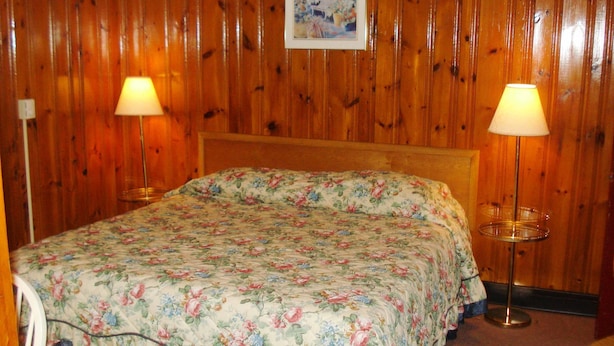 A wooden-paneled room with a bed, two bedside lamps, and a framed picture on the wall. - Black Forest Inn of Adamstown (Adamstown)