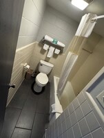 Combined shower/tub, hair dryer, towels