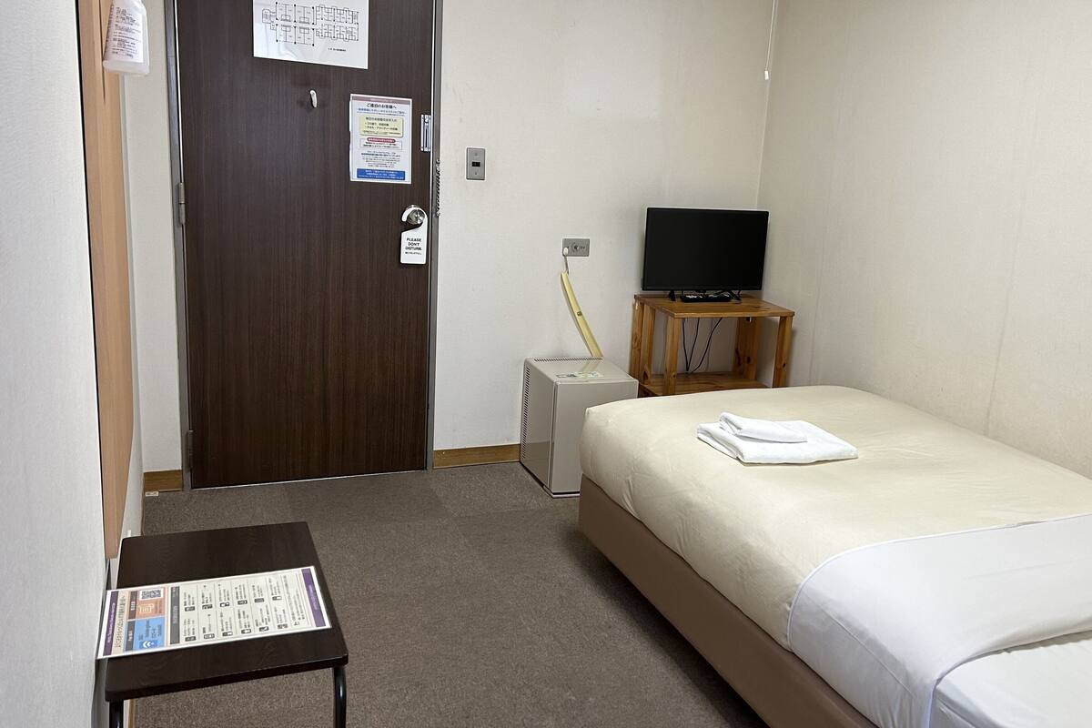 A small, clean room with a bed, a desk, a television, and a heater.