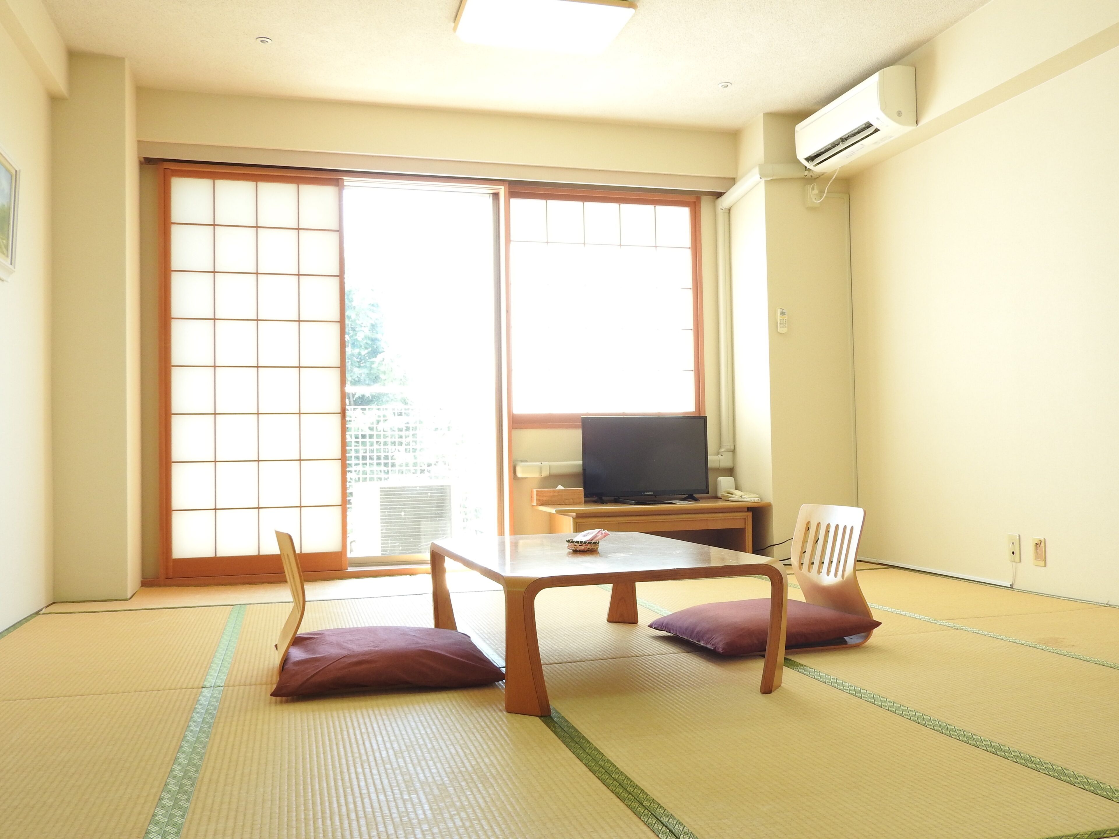 A room with tatami flooring, a television on a wooden stand, and a sliding door leading to an outdoor area.