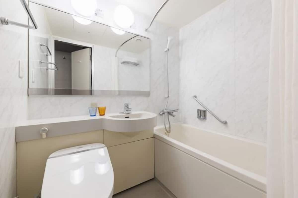 Combined shower/bathtub, deep-soaking bathtub, hair dryer, slippers