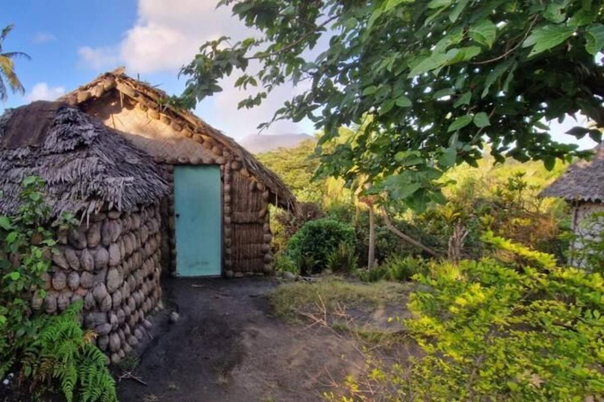 A rustic hut with a thatched roof, surrounded by lush greenery and a clear sky.