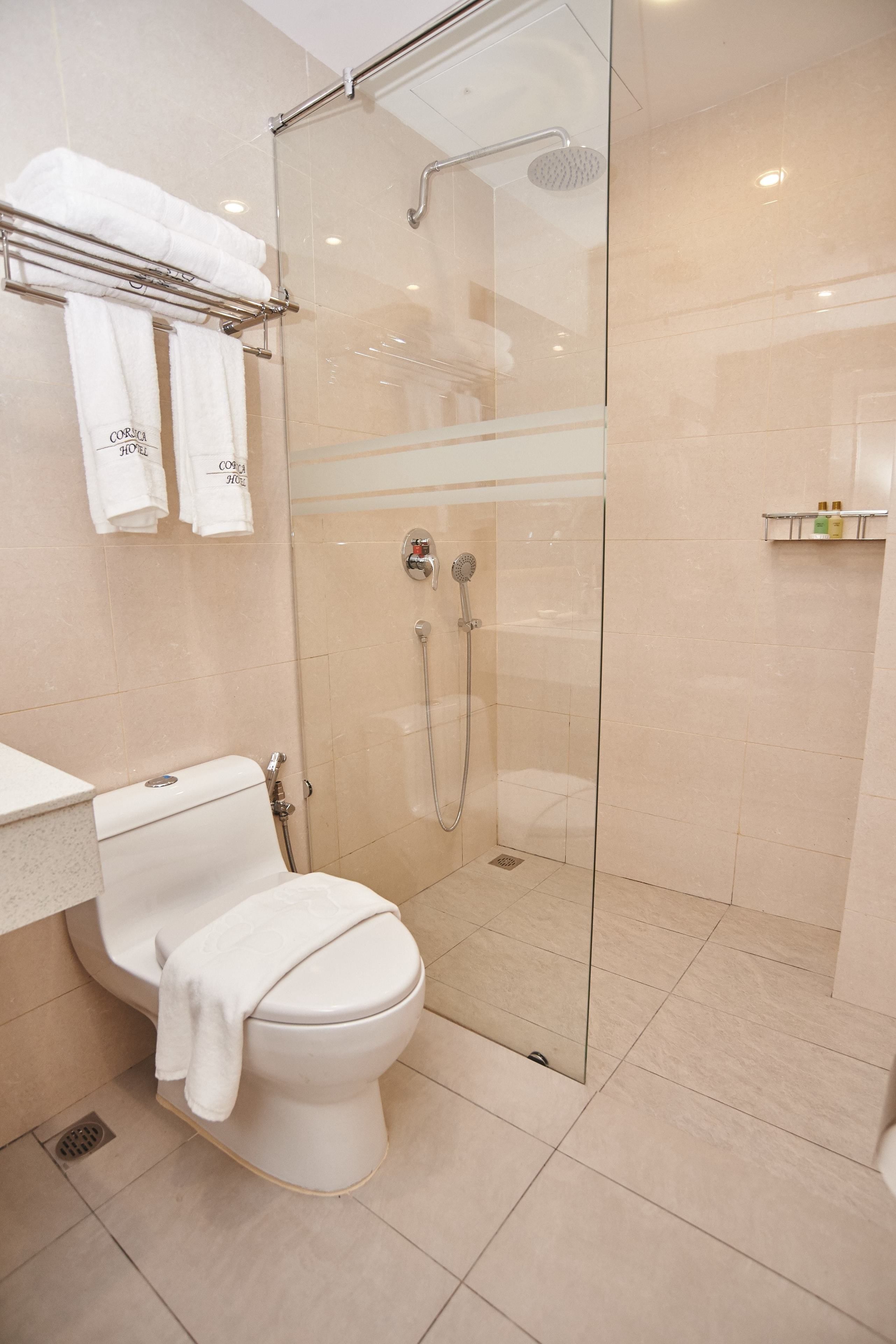 shower, hydromassage showerhead, free toiletries, hair dryer