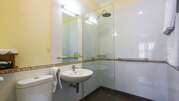 A bathroom with a glass-enclosed shower, a white sink, and a toilet.
