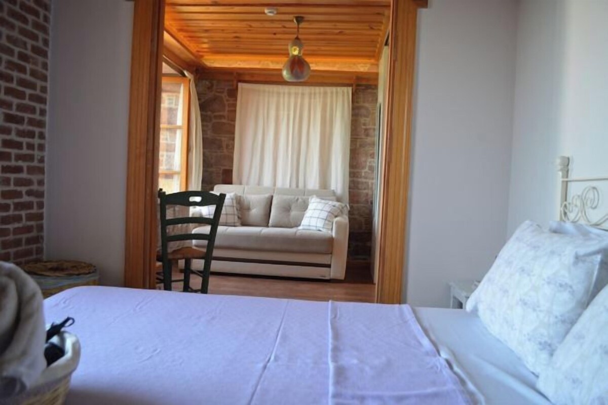 A bedroom with a bed, a chair, a sofa, and a view of a room with a window and curtains.