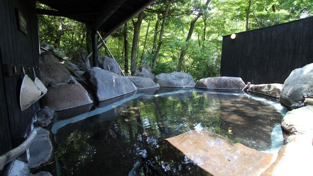 A tranquil outdoor hot spring area with a wooden deck, large rocks, and a clear pool surrounded by lush greenery. - Yufuin Ryoan Wazanhou (Yufu)