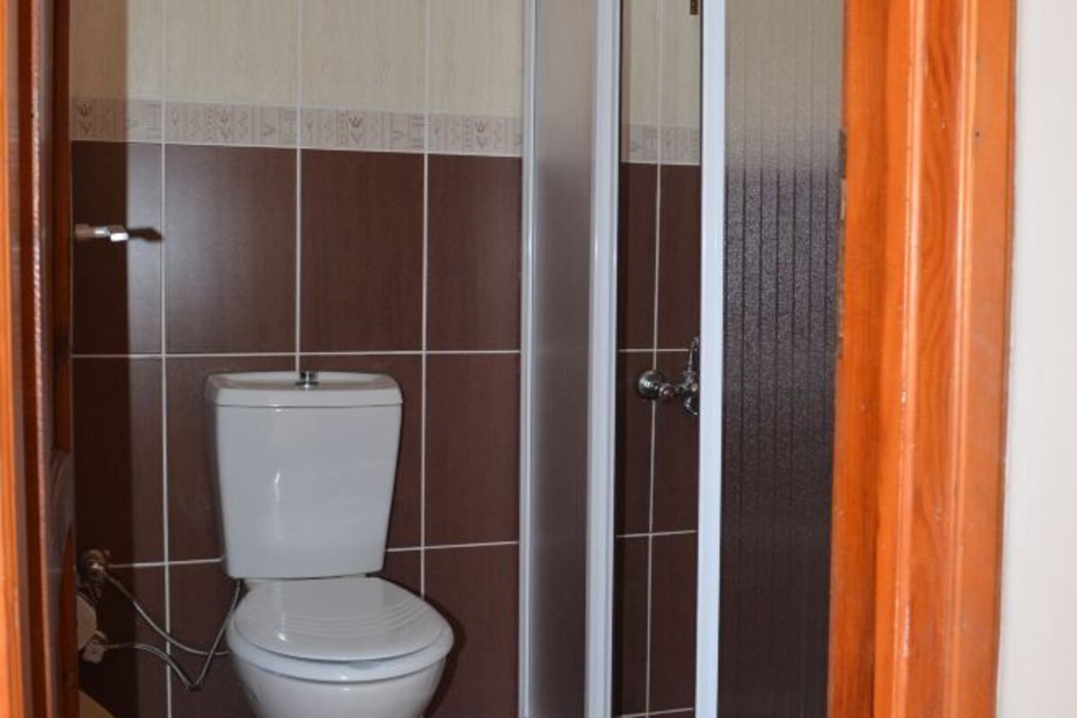 A bathroom with a toilet, a shower, and tiled walls.