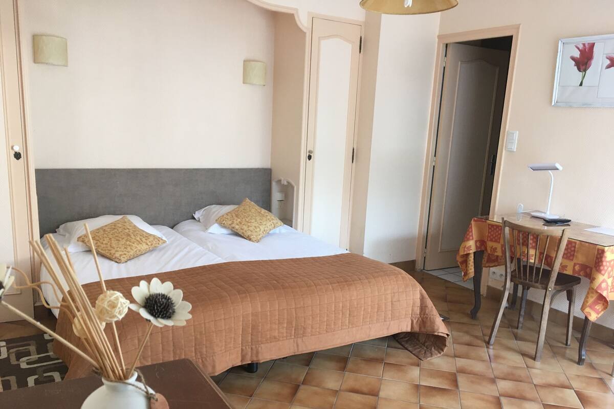 Une chambre d’hôtel avec un lit, un bureau et une chaise.
