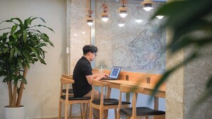 Uma pessoa sentada à mesa de madeira com um laptop, cercada por cadeiras, em um quarto com uma grande planta em vaso e uma parede de mármore.