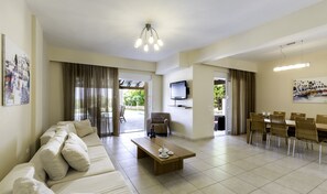 Luxury Villa, 3 Bedrooms, Private Pool, Beachfront | Living area | 40-inch flat-screen TV with satellite channels, plasma TV