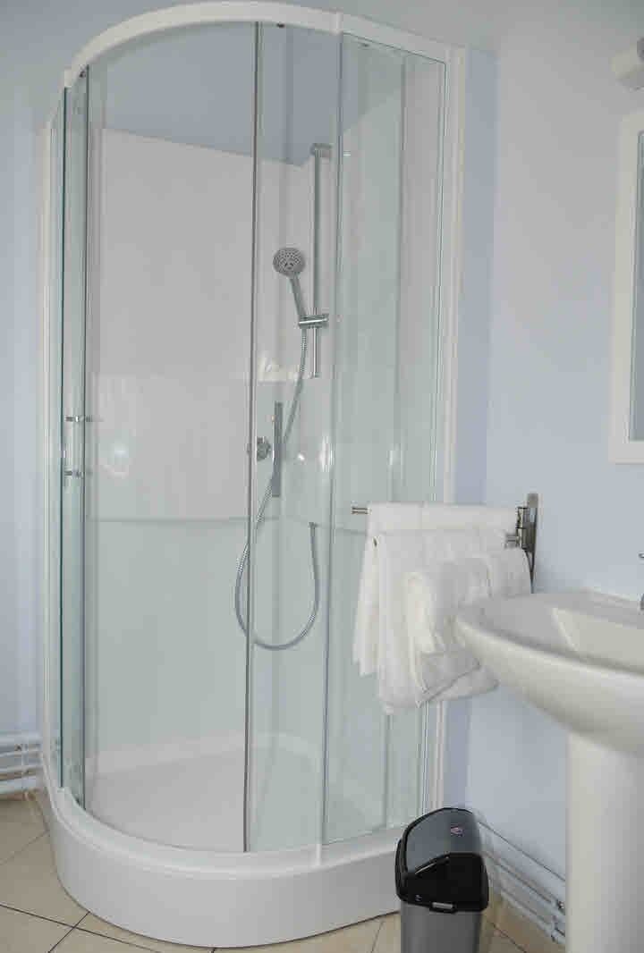 A glass-enclosed shower with a handheld showerhead, a white sink, and a towel rack.