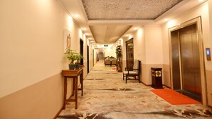 Un pasillo de hotel con piso alfombrado, una mesa de madera con planta en maceta, una silla, un ascensor y un reloj en la pared.