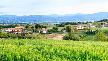 A rural landscape with houses, fields, and mountains in the background.
