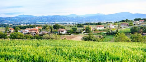 A rural landscape with houses, fields, and mountains in the background.