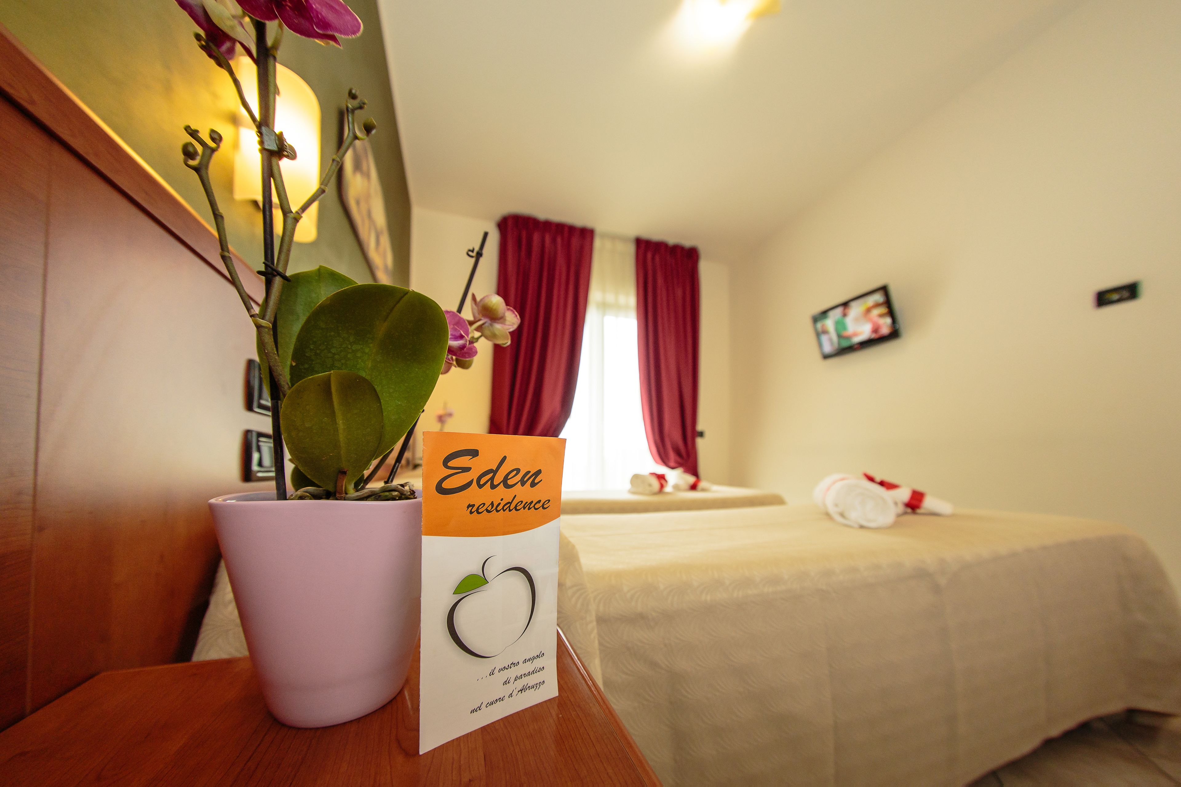 A hotel room with a bed, a potted plant, and a sign indicating Eden residence.