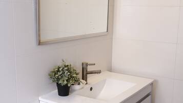 A bathroom with a white sink, a mirror, and a potted plant.
