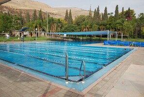 A swimming pool with lane dividers, a diving board, and a covered area. - Beit Alfa Kibbutz Country Lodging (Gilboa)
